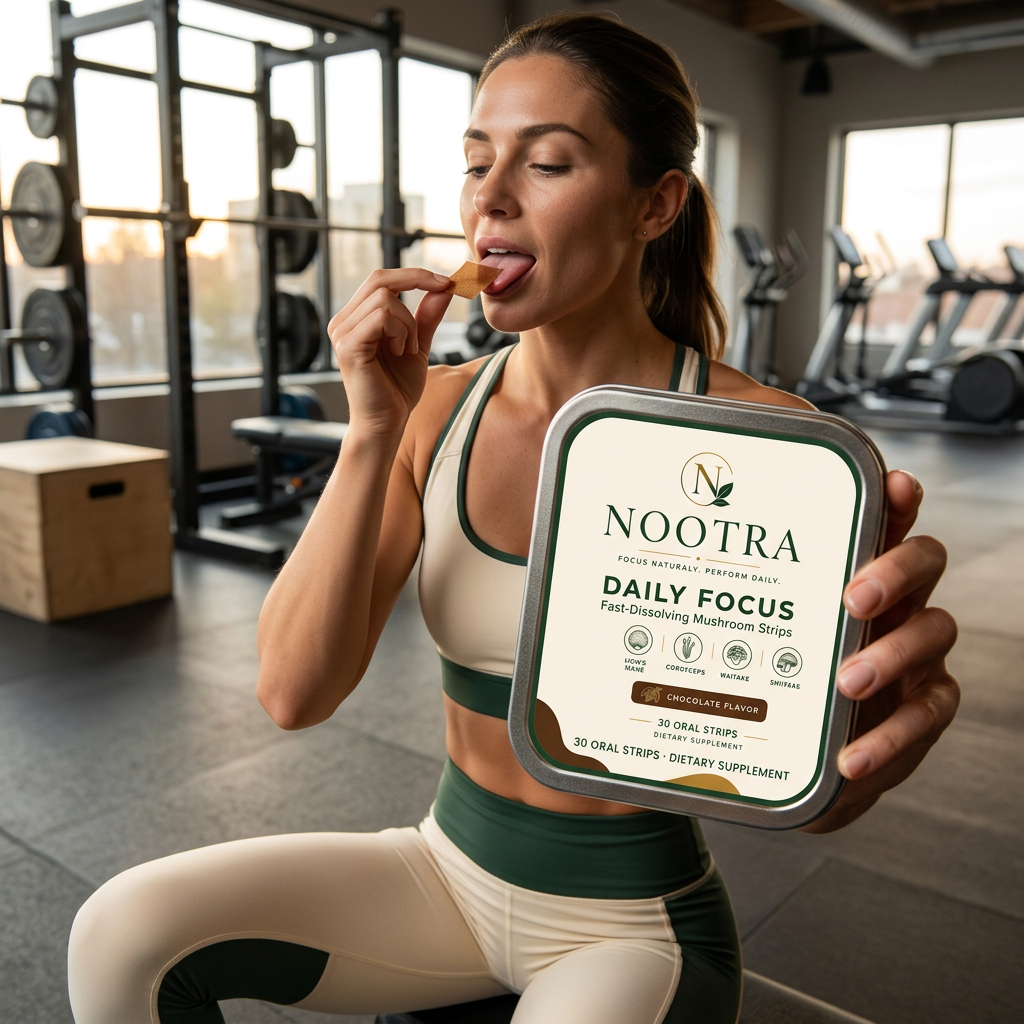 Nootra premium mushroom dietary supplement pack held in hand